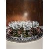 Image 3 : 11 green stem vintage crystal wine goblets and 16" silver plated platter
