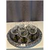 Image 4 : 11 green stem vintage crystal wine goblets and 16" silver plated platter