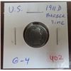 Image 1 : U.S. 1911D Silver Barber Dime. Denver Mint. G-4.