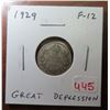 Image 1 : 1929 Canadian Silver 10 Cents. Issued during the first year of the Great Depression. F-12.