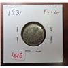 Image 1 : 1931 Canadian Silver 10 Cents. F-12.
