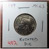 Image 1 : 1949 Canadian Silver 25 Cents. MS-63. Rotated Die. Toned.