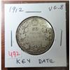 Image 1 : 1912 Canadian Silver 50 Cents. VG-8. Key Date. Mintage of 285,867.
