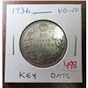 Image 1 : 1936 Canadian Silver 50 Cents. VG-10. Key Date. Mintage of 38,550.