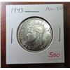 Image 1 : 1943 Canadian Silver 50 Cents. Minted during World War II. AU-50. Lustrous.