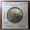 Image 1 : 1952 Canadian Silver 50 Cents. The last issue of King George VI. AU-50. Lustrous.