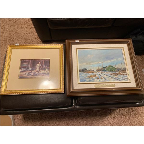 K.Sawatzky Fort Mac Railway Station Painting 18 x 16 And T.Romance Feeding Geese Print 14 x 13