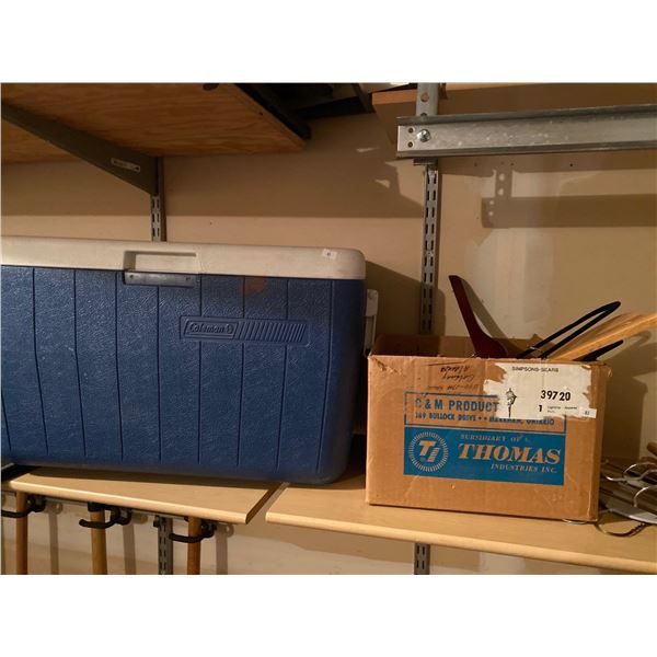 Coleman Cooler And Huge Assortment Of Clothes Hangers