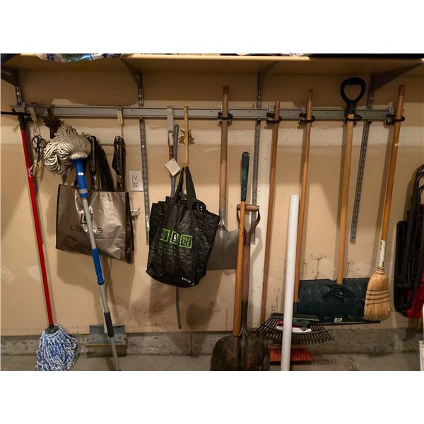 Assortment Of Mops, Brooms, Shovels, Rakes And More