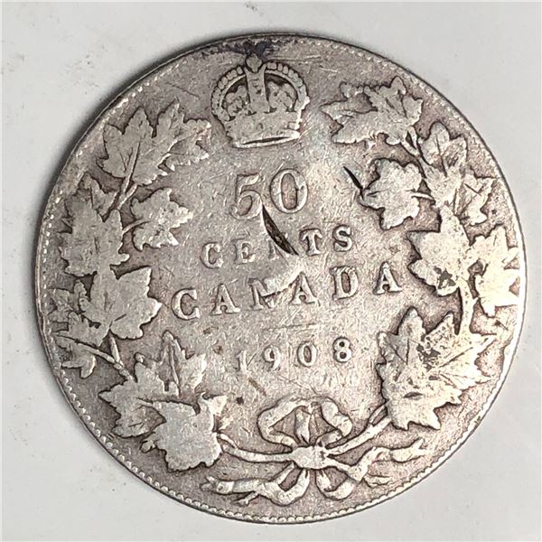 1908 King Edward VII 50 Cents VG+ Chop Marks (Posible Asian Trade Marks)