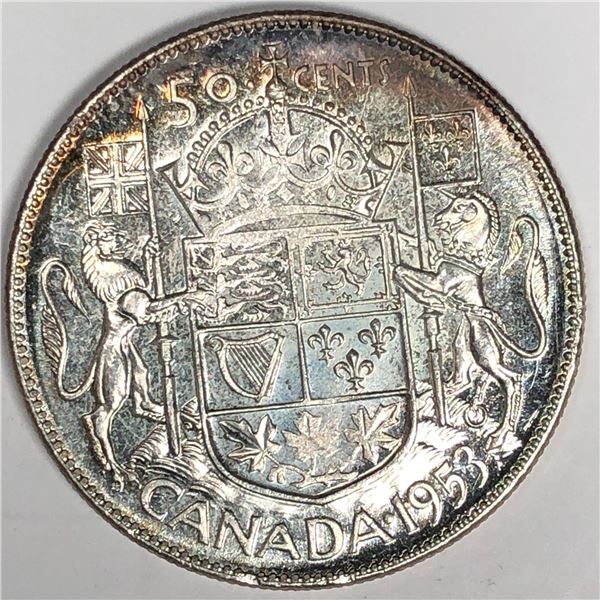 1953 Queen Elizabeth 50 Cents Large Date No Shoulder Fold UNC