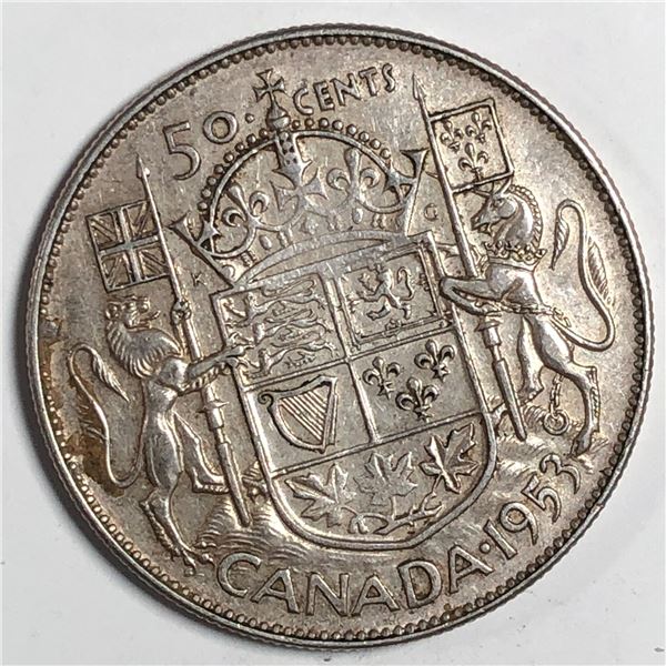 1953 Queen Elizabeth 50 Cents Small Date No Shoulder Fold