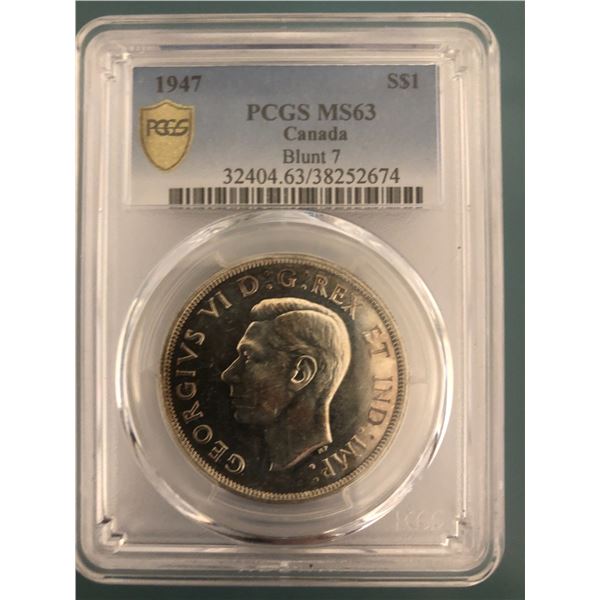 1947 Blunt King George VI Canadain Silver Dollar PCGS-63