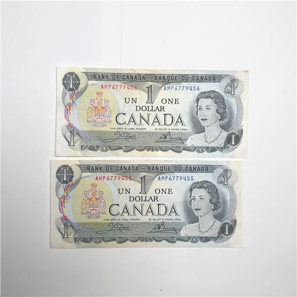 2 Consecutive Numbered1973 Canadian 1 Dollar Notes