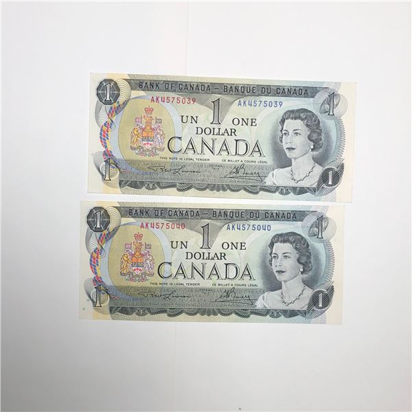 2 Consecutive Numbered1973 Canadian 1 Dollar Notes