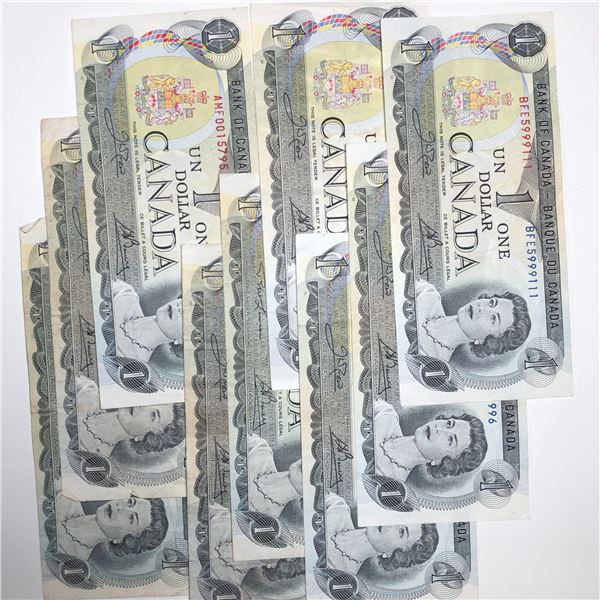 9 - 1973 Canadian 1 Dollar Notes Various Grades VF to AU