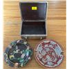 Image 1 : Chinese Cloisinette Ashtrays With Asian Silver Plate Jewellery Box - Mahogany Inside