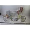 Image 1 : Mirror - (2) Pink Glass Candle Holders - (2) Oil Lamp Chimneys - (7) Glass Vases - Glass Jar