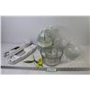 Image 1 : (9) Glass Bowls - (4) Glass Bowl Set w/Chip on Larger Bowl - French Fry Cutter - Spinning Grater/Sli