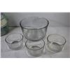 Image 4 : (9) Glass Bowls - (4) Glass Bowl Set w/Chip on Larger Bowl - French Fry Cutter - Spinning Grater/Sli