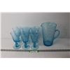 Image 1 : Vintage Blue Glass Pitcher and (6) Matching Glasses