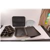 Image 1 : Baking Pans (Assorted Sizes) - (2) Cake, (4) Sheet Pans, (2) Muffin Pans, Broiler Pan Top & Plastic 