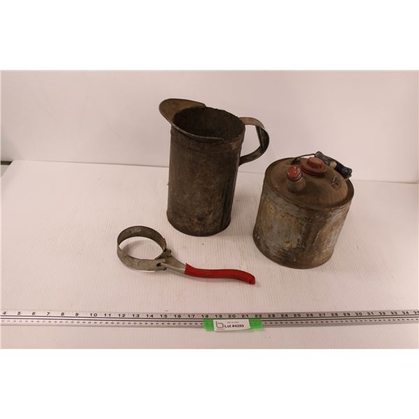 Vintage General Steel Oil Jug, Filter Wrench & Small Fuel Can - (2) Plastic Funnels Included