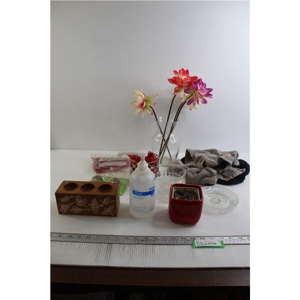 (4) Artificial Flowers, Candleholders, Misc.