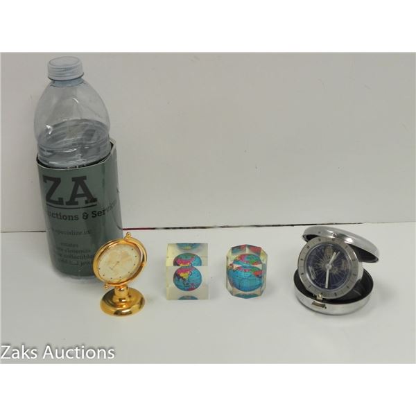 4 GLOBE ITEMS - GLOBE CLOCK IN CASE, STANDING QUARTZ WATCH ON BASE