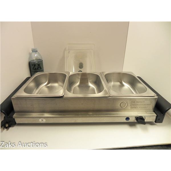 3 STATION BUFFET SERVER WITH STAINLESS INSERTS AND SEE THROUGH LIDS