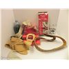 Image 1 : WONDERMOOI BOX WITH NAPKINS, VINTAGE BELTS, COLCHESTER BEER MUG AND OUTDOOR DECOR