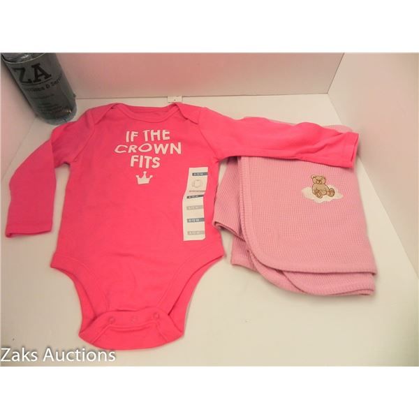 100% COTTON PINK RECEIVING BLANKET AND 6-12 MONTHS ONESIE  IF THE CROWN FITS 