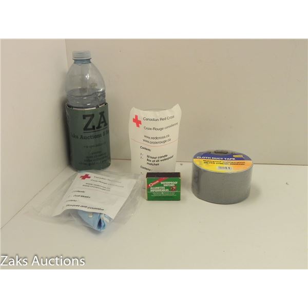 CANADIAN RED CROSS DUST MASKS, 50 HR CANDLE, WOODEN MATCHES AND CLOTH DUCT TAPE