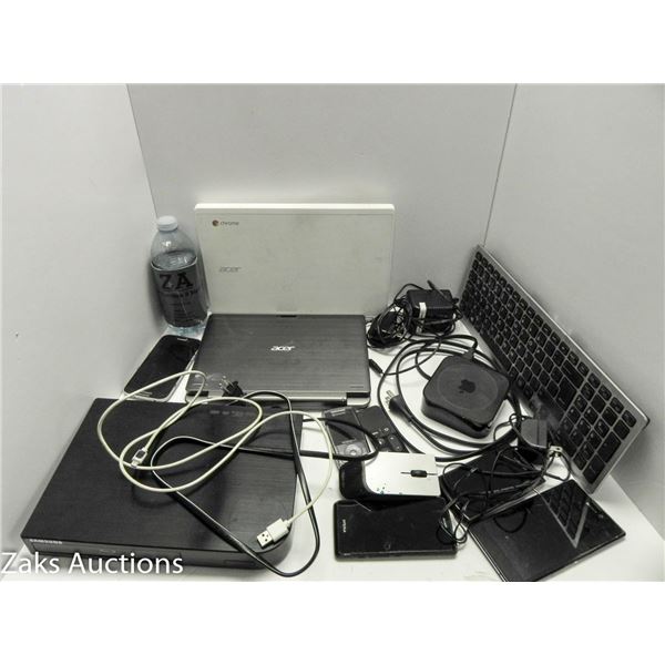 BOX OF ELECTRONICS INCL 2 ACER NOTEBOOKS, SAMSUNG BLURAY, VARIOUS OLD CELL PHONES