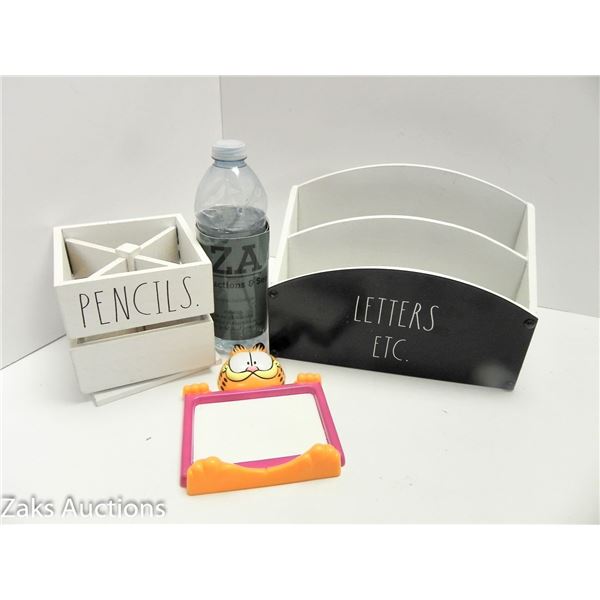 2 DESK ORGANIZERS AND MINI GARFIELD WHITE BOARD