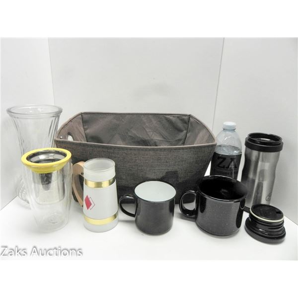 BASKET OF COFFEE MUGS, 2 TEA SEEPERS AND VASE