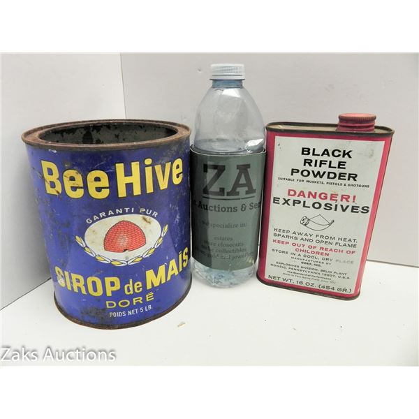 BEE HIVE CORN SYRUP AND FFF SUPERFINE BLACK RIFLE POWDER VINTAGE TINS