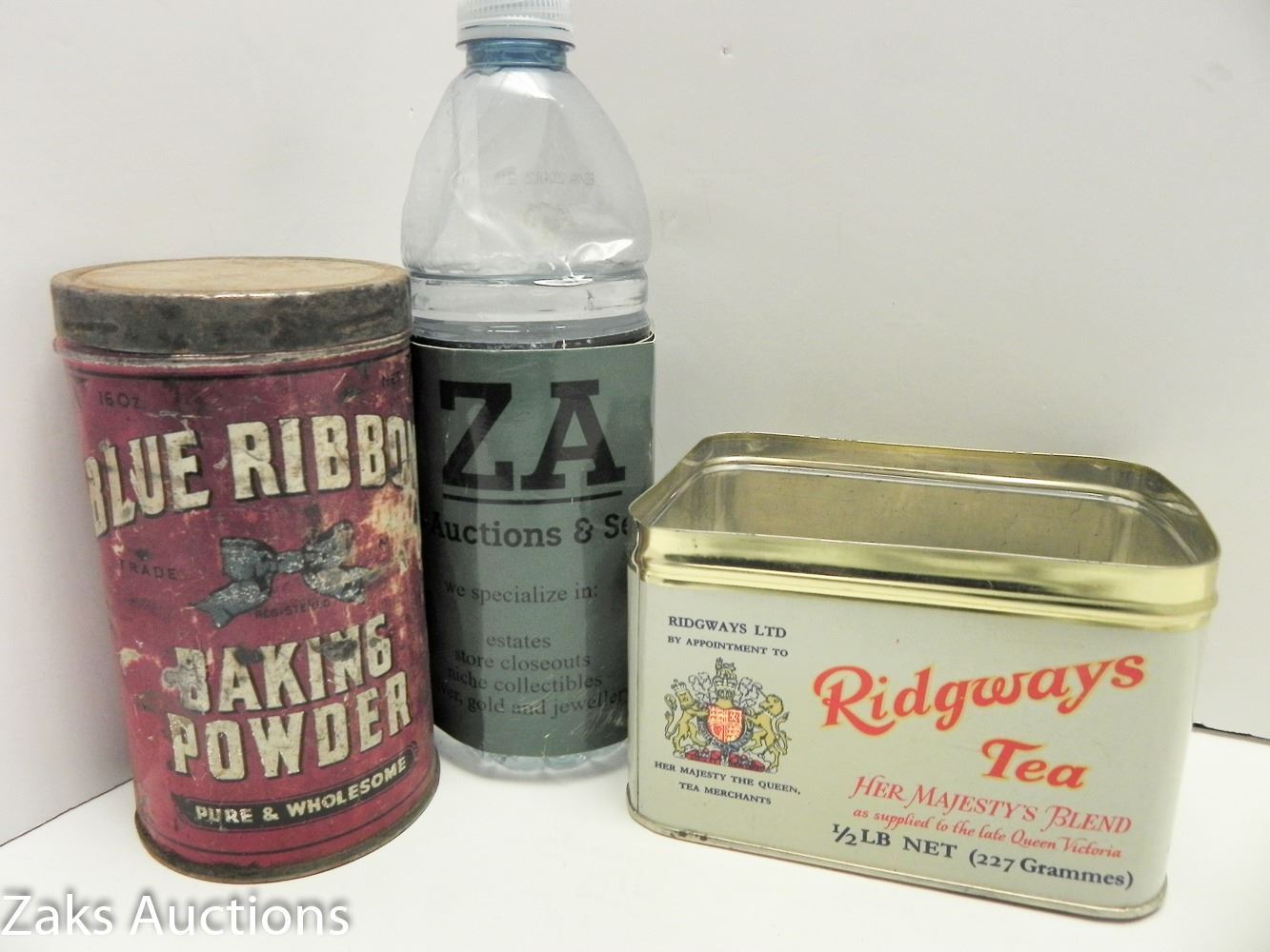 BLUE RIBBON BAKING POWDER, RIDGWAYS TEA (NO LID) TINS