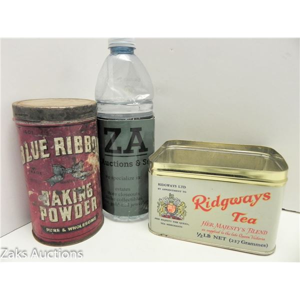 BLUE RIBBON BAKING POWDER, RIDGWAYS TEA (NO LID) TINS