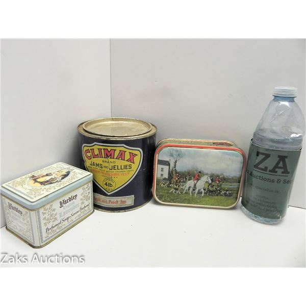 CLIMAX APPLE & PEACH JAM, YARDLEY TEA AND SHARPS RUM & BUTTER TOFFEE TINS