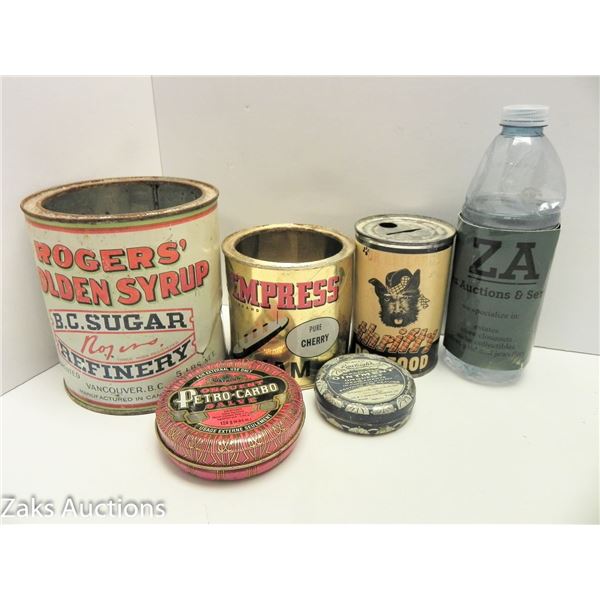 LOT OF 5 TINS - ROGERS GOLDEN SYRUP, EMPRESS, PETRO-CARBO SALVE,