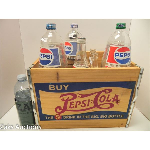 PEPSI COLA BIN WITH 9 VINTAGE PEPSI BOTTLES