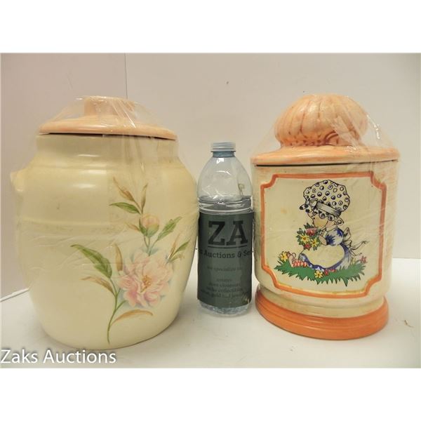 2 VINTAGE LARGE CERAMIC COOK JARS - 1 IS HOLLY HOBBY STYLE AND MADE IN CANADA