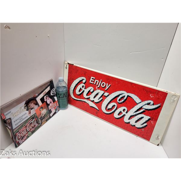 ENJOY COCA-COLA SIGN APPROX 2'.5' X 1' WITH TIN COCA-COLA PICTURE PLAQUE