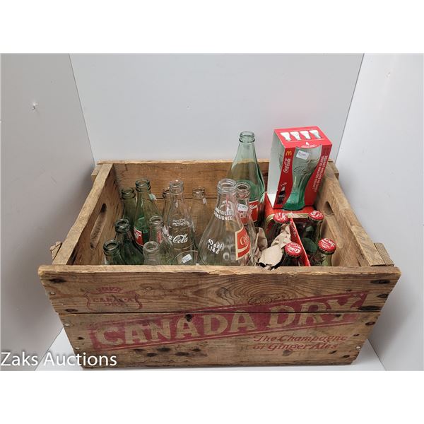 VINTAGE CANADA DRY BOX FILLED WITH VINTAGE COKE BOTTLES, ETC