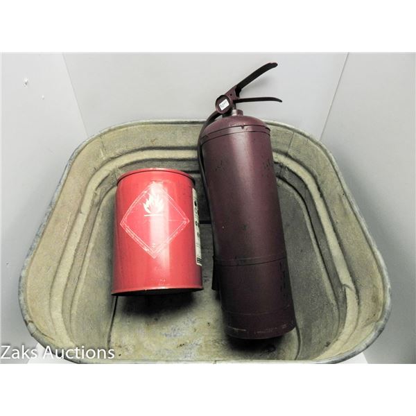 GALVANIZED WASHING BIN WITH DECOR FIRE EXTINGUISHER AND OLD GAS CAN