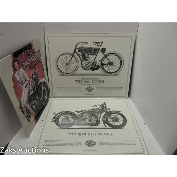 2 HARLEY DAVIDSON POSTERS UNDER GLASS FRAME (SOME CHIPS) AND TIN HARLEY DAVIDSON SIGN