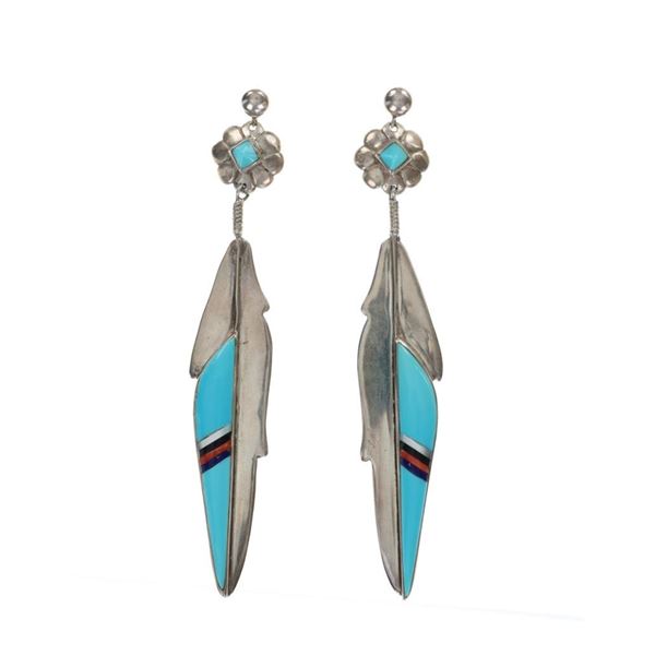 Navajo Charlie Ray Silver Inlaid Feather Earrings