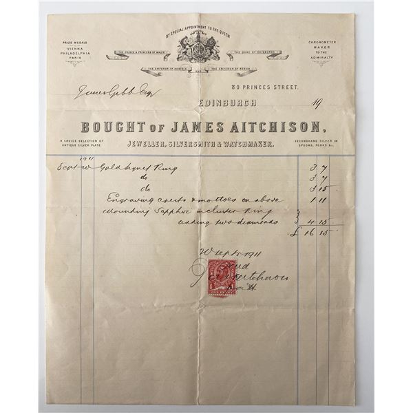 Jeweler James Aitchison signed invoice