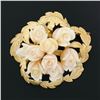 Image 2 : Vintage Carved Angel Skin Coral Rose Bouquet 14K Gold Textured Leaf Halo Brooch